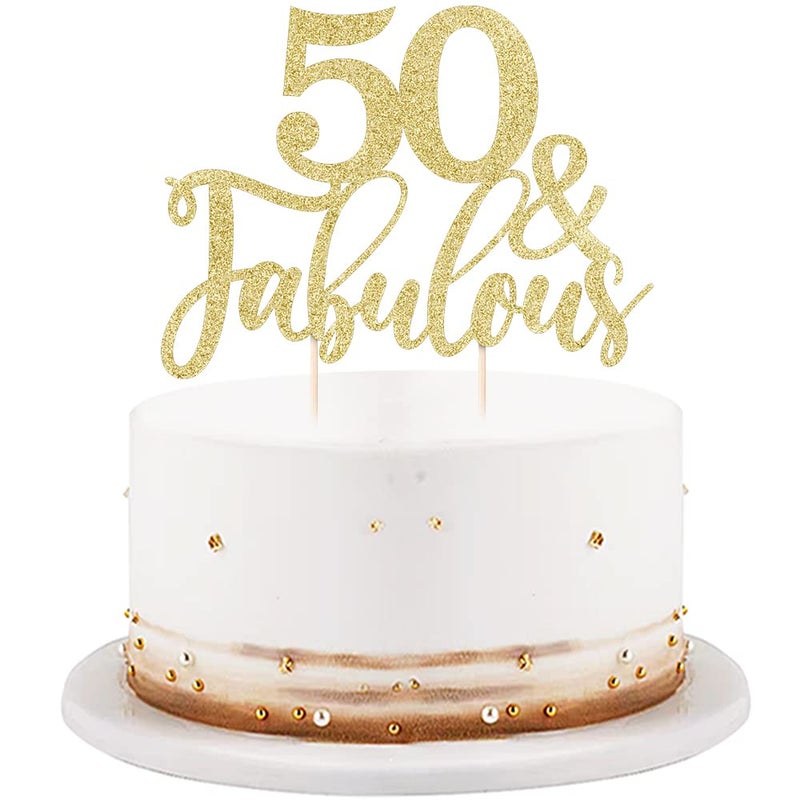 Yetxel Golden Glitter 50 & Fabulous Cake Topper, 50th Birthday Cake Topper, Fifty and Fabulous, 2 Pieces - Image 2
